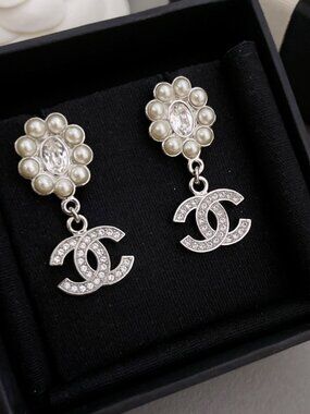 Chanel Silver Tone Pearl & Crystal Double C Drop Earrings